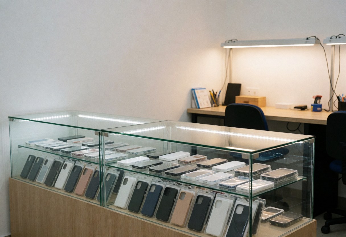 Illuminated glass display case filled with mobile phone cases and screen protectors in a clean repair store interior