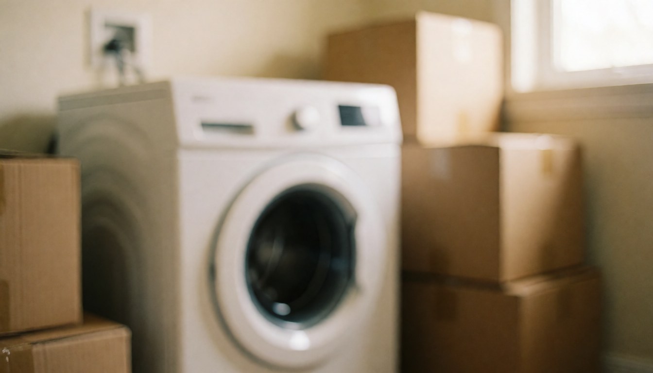 A new white washing machine sits among cardboard moving boxes in a room with warm lighting, suitable for appliance repair services.
