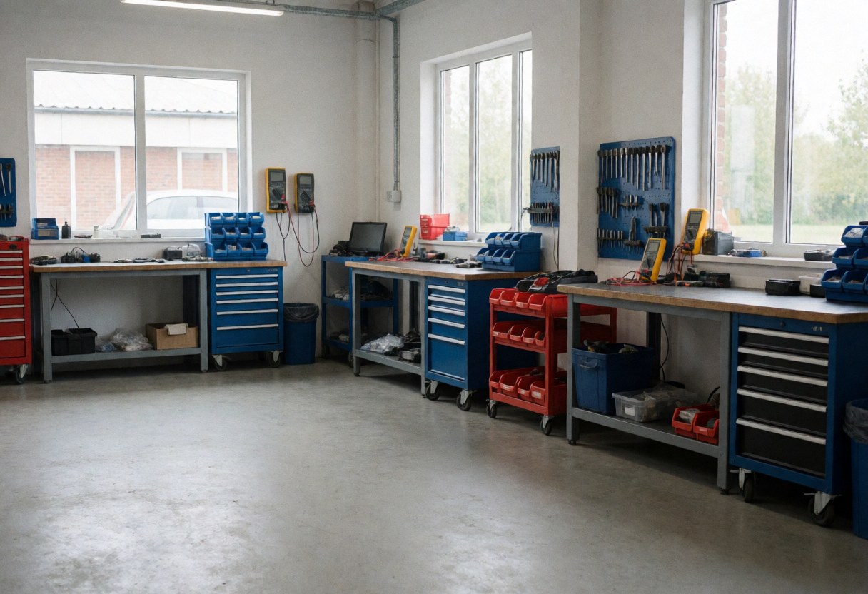 Clean appliance repair shop interior featuring organized workbenches, toolboxes, and natural light from windows