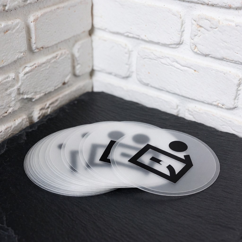 Fan-shaped stack of circular translucent vinyl labels with minimalist black icons on dark stone with white brick wall background