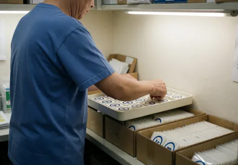A worker in a white-walled office places labels on cardboard boxes under artificial light, illustrating the packaging process.