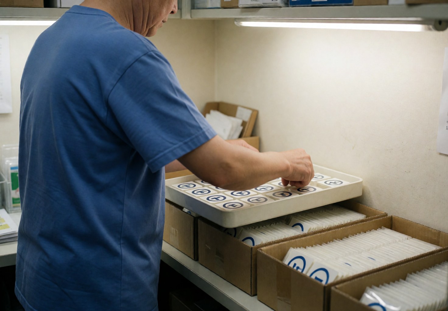 A worker in a white-walled office places labels on cardboard boxes under artificial light, illustrating the packaging process.