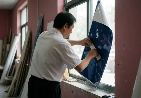 A worker uses a squeegee to apply blue vinyl film to a glass window in a workshop with pink walls and tools in the background.