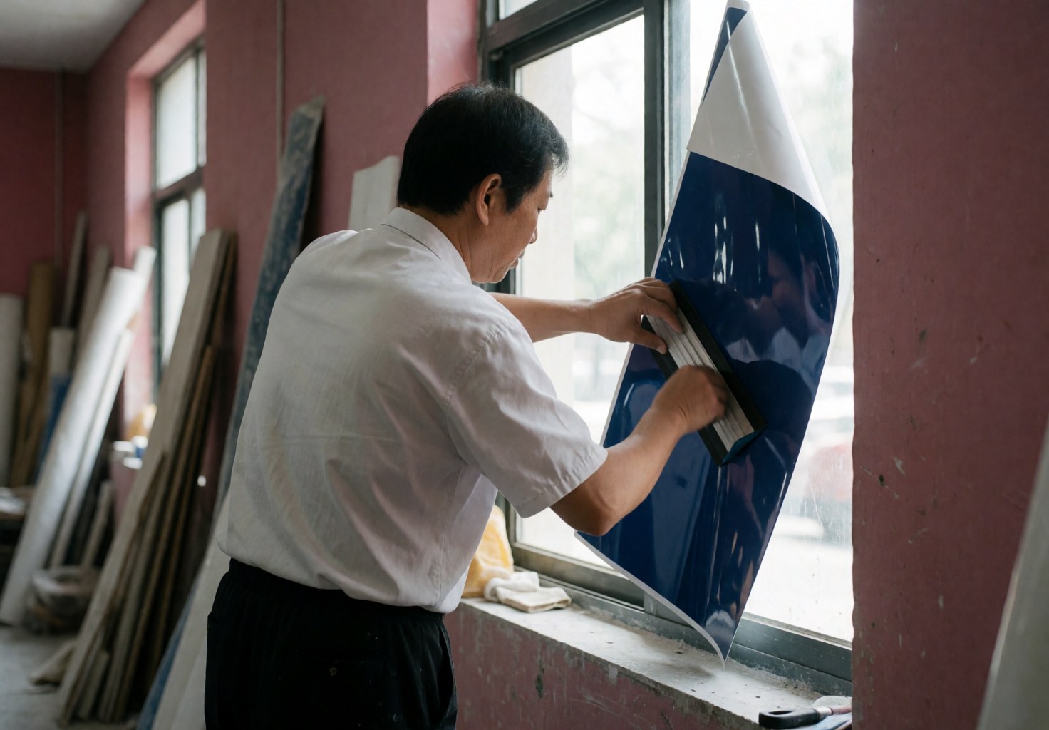 A worker uses a squeegee to apply blue vinyl film to a glass window in a workshop with pink walls and tools in the background.