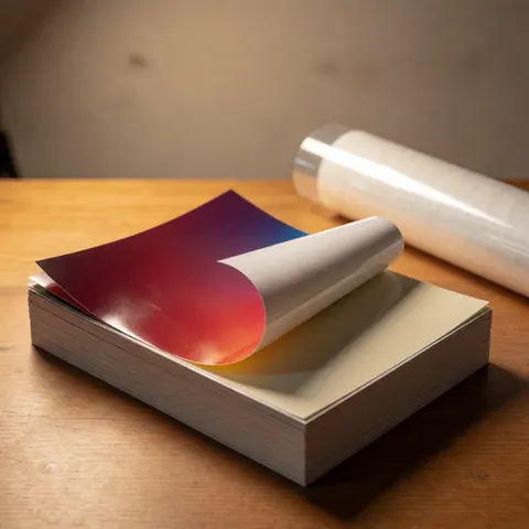 A stack of printed vinyl sheets with one partially peeled back, showing the protective film on a wooden table with warm lighting.