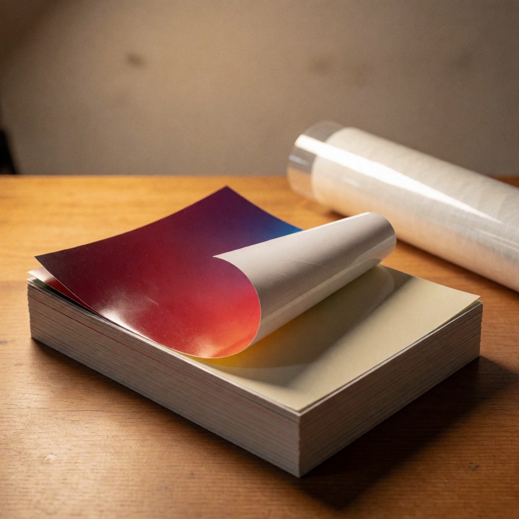 A stack of printed vinyl sheets with one partially peeled back, showing the protective film on a wooden table with warm lighting.