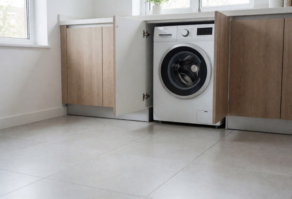 White front-loading washing machine integrated into a modern kitchen cabinet with gray tile flooring and natural light from a window.