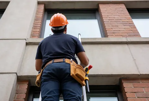 Technician wearing helmet and tool belt on ladder repairing glass window in commercial brick building