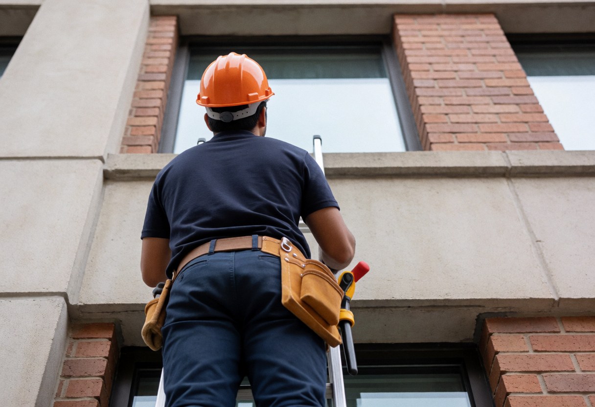 Technician wearing helmet and tool belt on ladder repairing glass window in commercial brick building