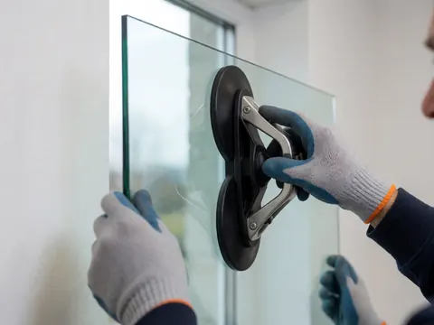 A gloved hand holds a glass window pane using a suction cup tool against a white wall and blurred window background.