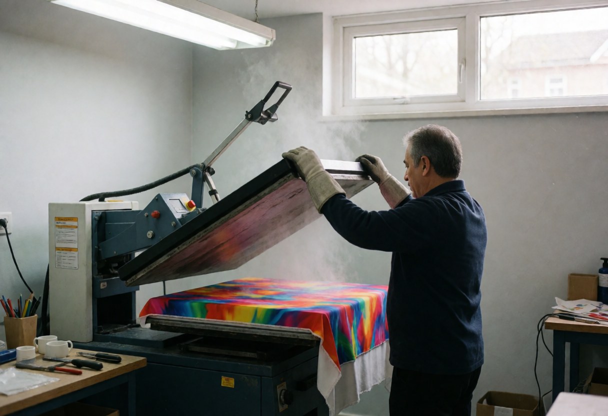 A worker wearing gloves lifts the lid of a thermal press, revealing vibrant sublimated fabric with steam rising from the hot material in a well-lit workshop.