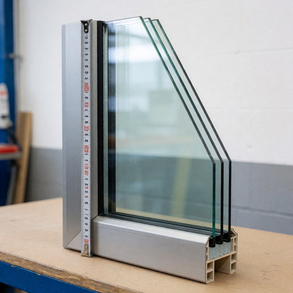 Double glazing unit with aluminum frame, two glass panes, and spacer on a workshop table