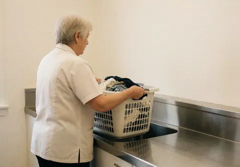A laundromat employee accepts a basket of dirty clothes at a stainless steel counter in a clean, professional business environment.