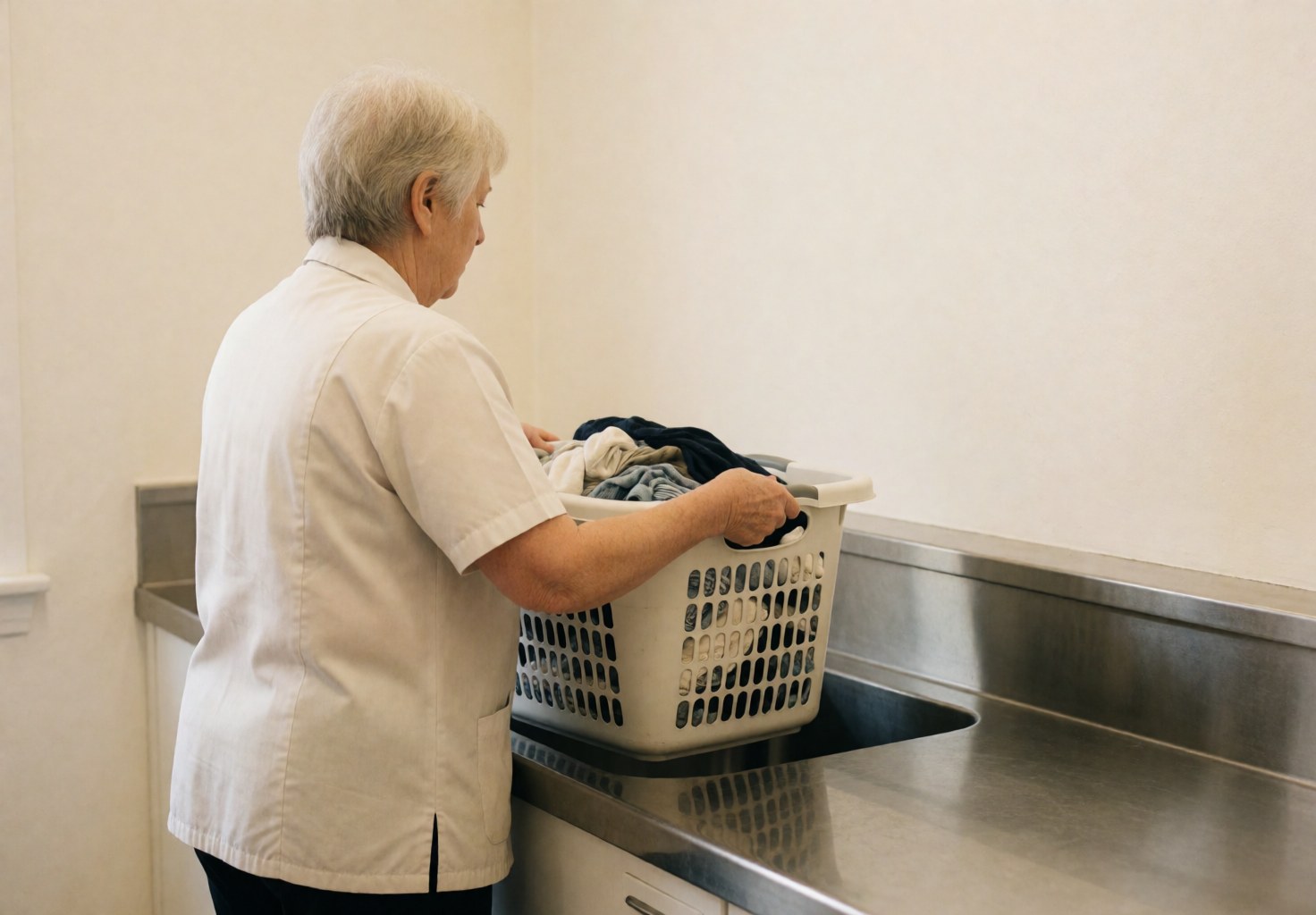 A laundromat employee accepts a basket of dirty clothes at a stainless steel counter in a clean, professional business environment.