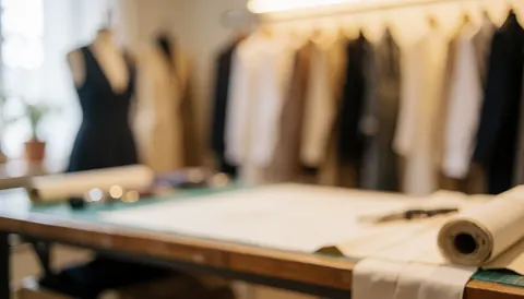 A warm tailor workshop background featuring a cutting table, fabric, scissors, and hanging clothes in a professional setting.