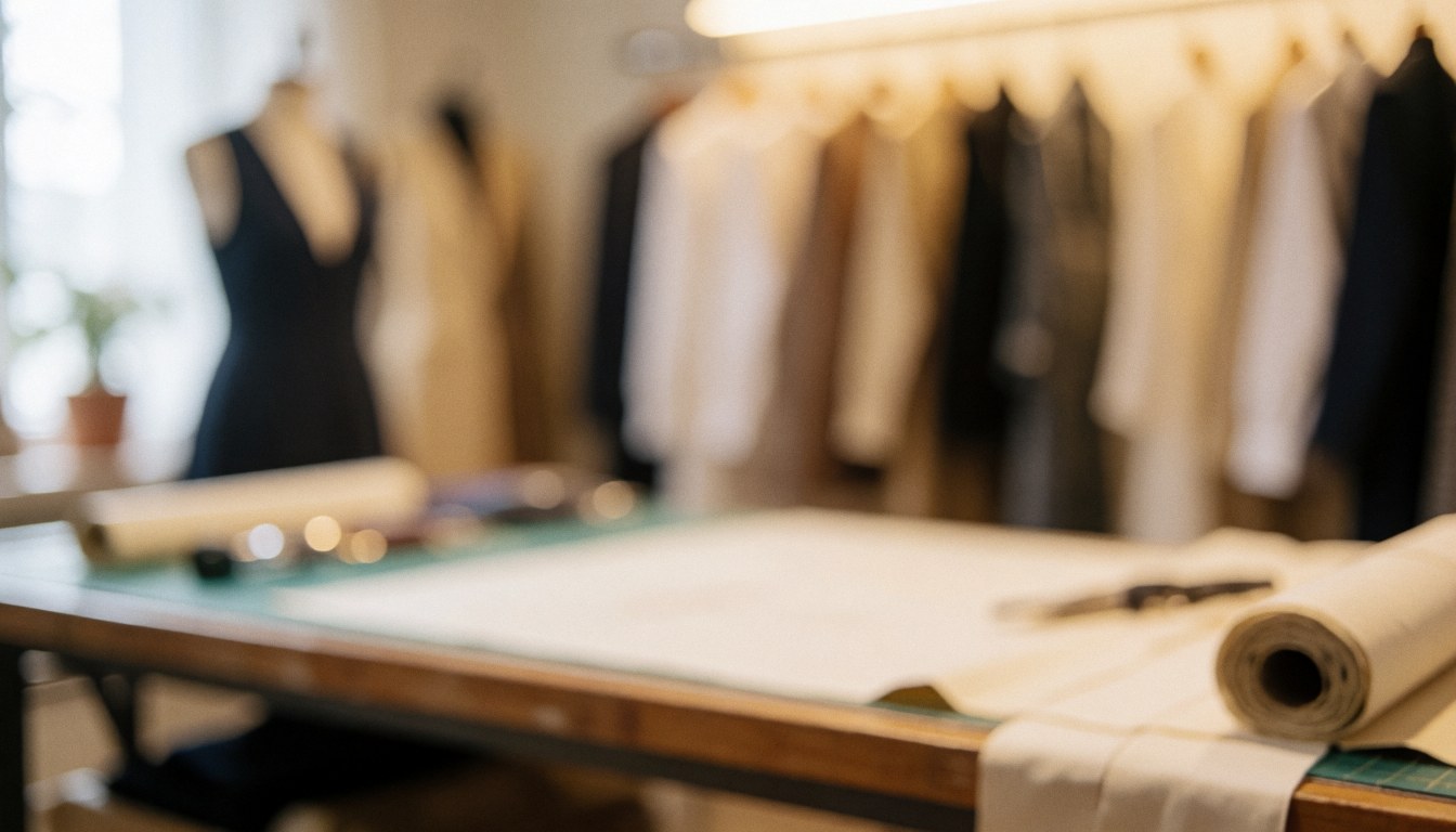 A warm tailor workshop background featuring a cutting table, fabric, scissors, and hanging clothes in a professional setting.