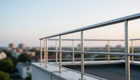 Metal safety railing on a flat roof overlooking a city skyline at sunset, suitable for maintenance and solar repair services