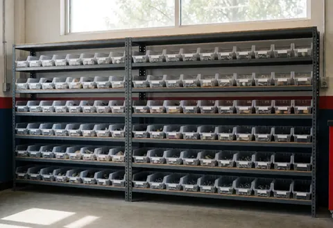 Metal shelving units holding transparent storage bins in a motorcycle repair shop, illuminated by natural light from a window.