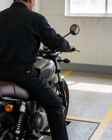 Motorcycle mechanic checking bike in workshop with natural light, engine and leather seat details visible