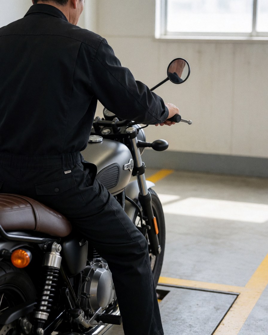 Motorcycle mechanic checking bike in workshop with natural light, engine and leather seat details visible
