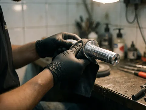 Close-up of a gloved hand polishing a shiny aluminum tube in a motorcycle workshop with tools in the background