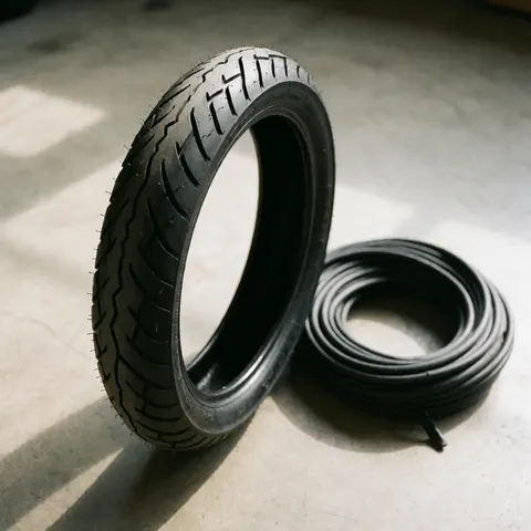 Brand new motorcycle tire with a rolled inner tube resting on a concrete floor, illuminated by natural light, suitable for a spare parts catalog.