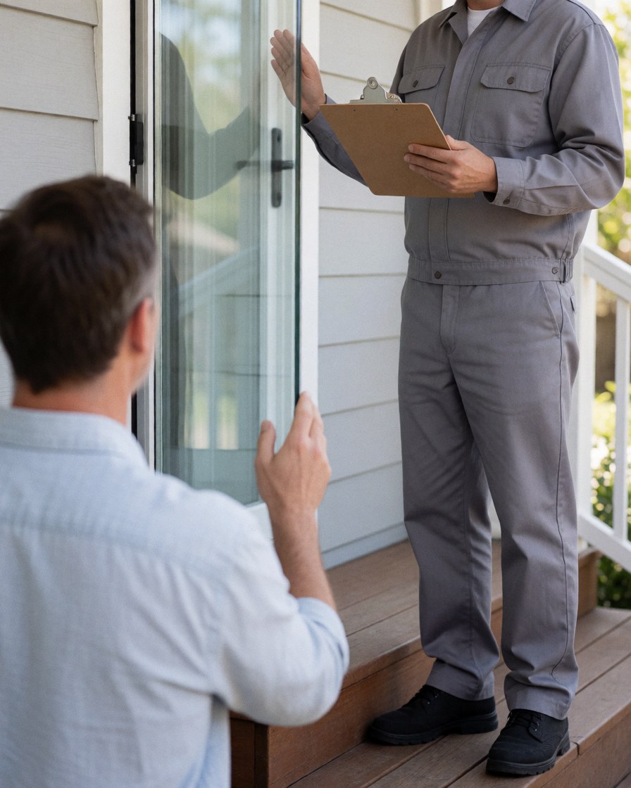 Technician in gray uniform checks glass door with clipboard while happy customer stands on porch near new frame