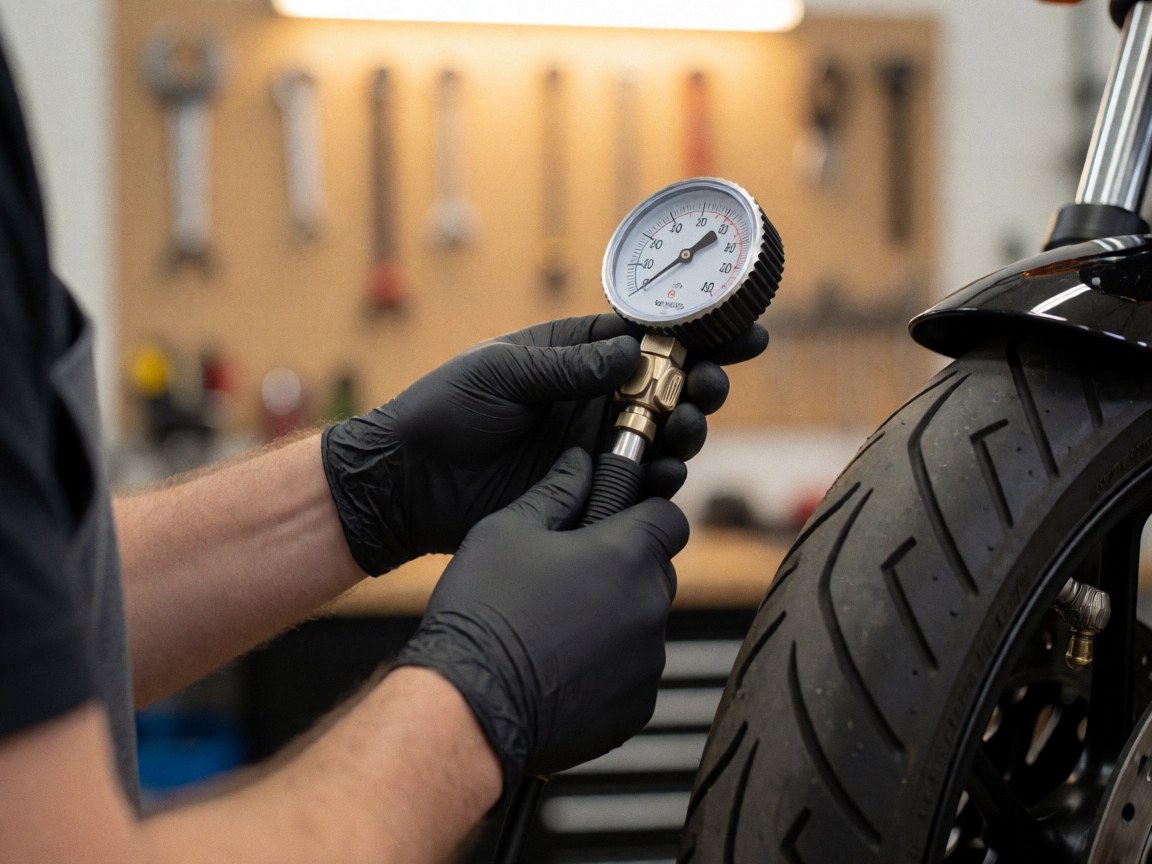 Close-up of gloved hands using a pressure gauge on a motorcycle tire in a workshop setting with tools in the background