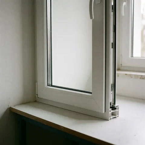 Close-up of a white PVC window frame showing the profile structure and design for thermal insulation, suitable for home repair and sales.