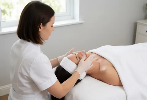 A therapist wearing gloves gently massages a patient's face while the patient wears a white headband in a room with gray walls and natural light.