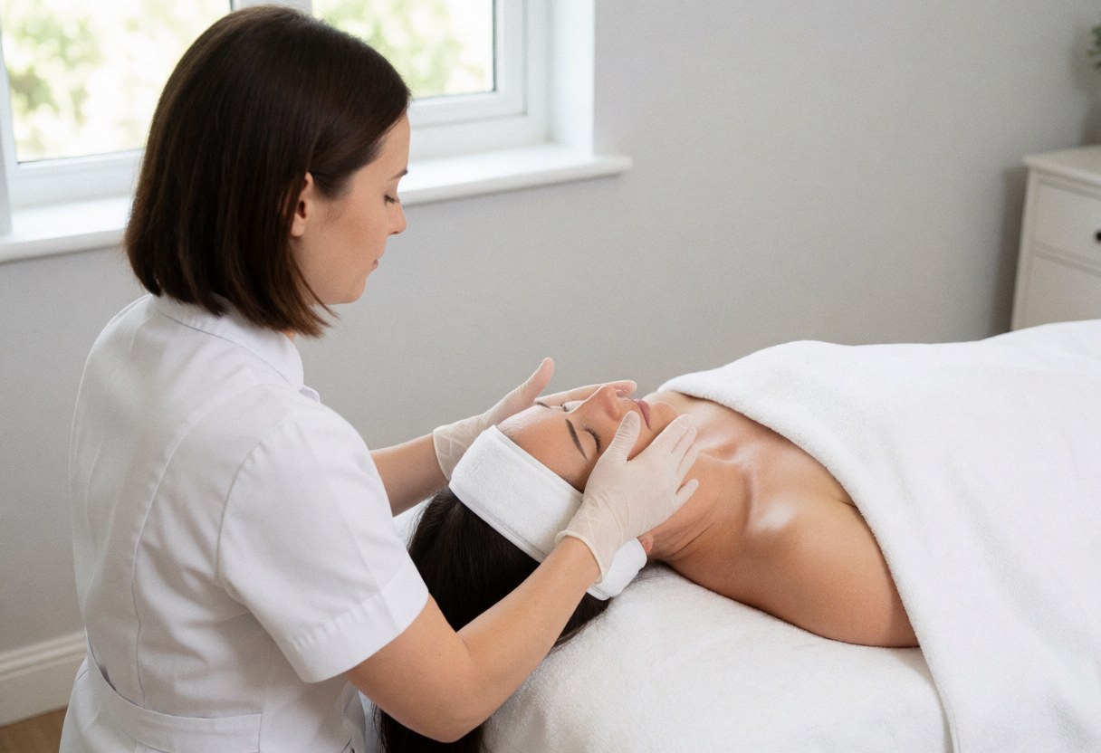 A therapist wearing gloves gently massages a patient's face while the patient wears a white headband in a room with gray walls and natural light.