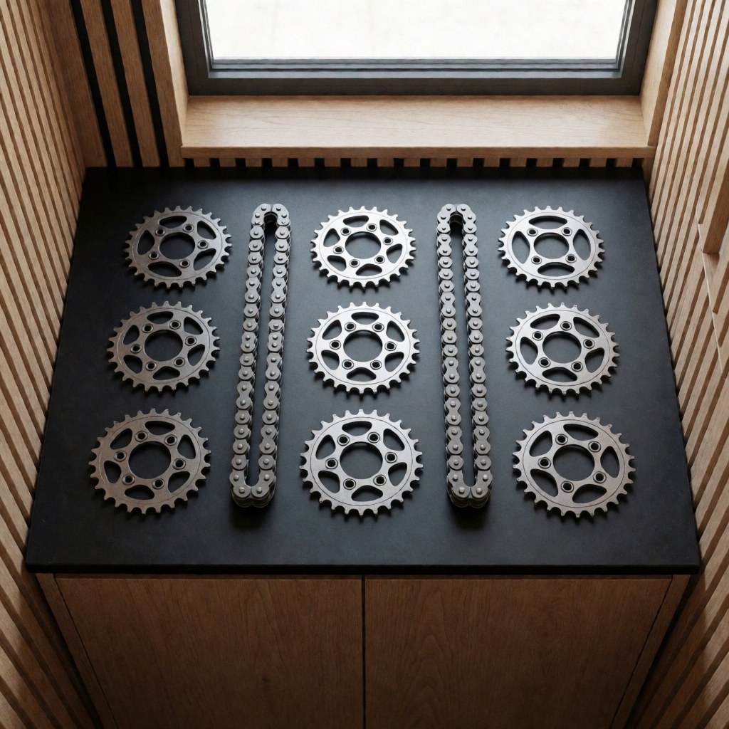 Neatly arranged motorcycle chains and sprockets on a black surface with natural light and wooden walls, ideal for repair shops