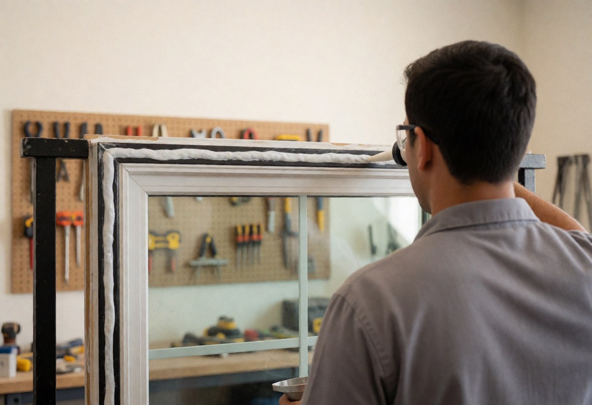 A technician applies sealant to a window frame in an organized workshop with tools on a pegboard and a blurred background.