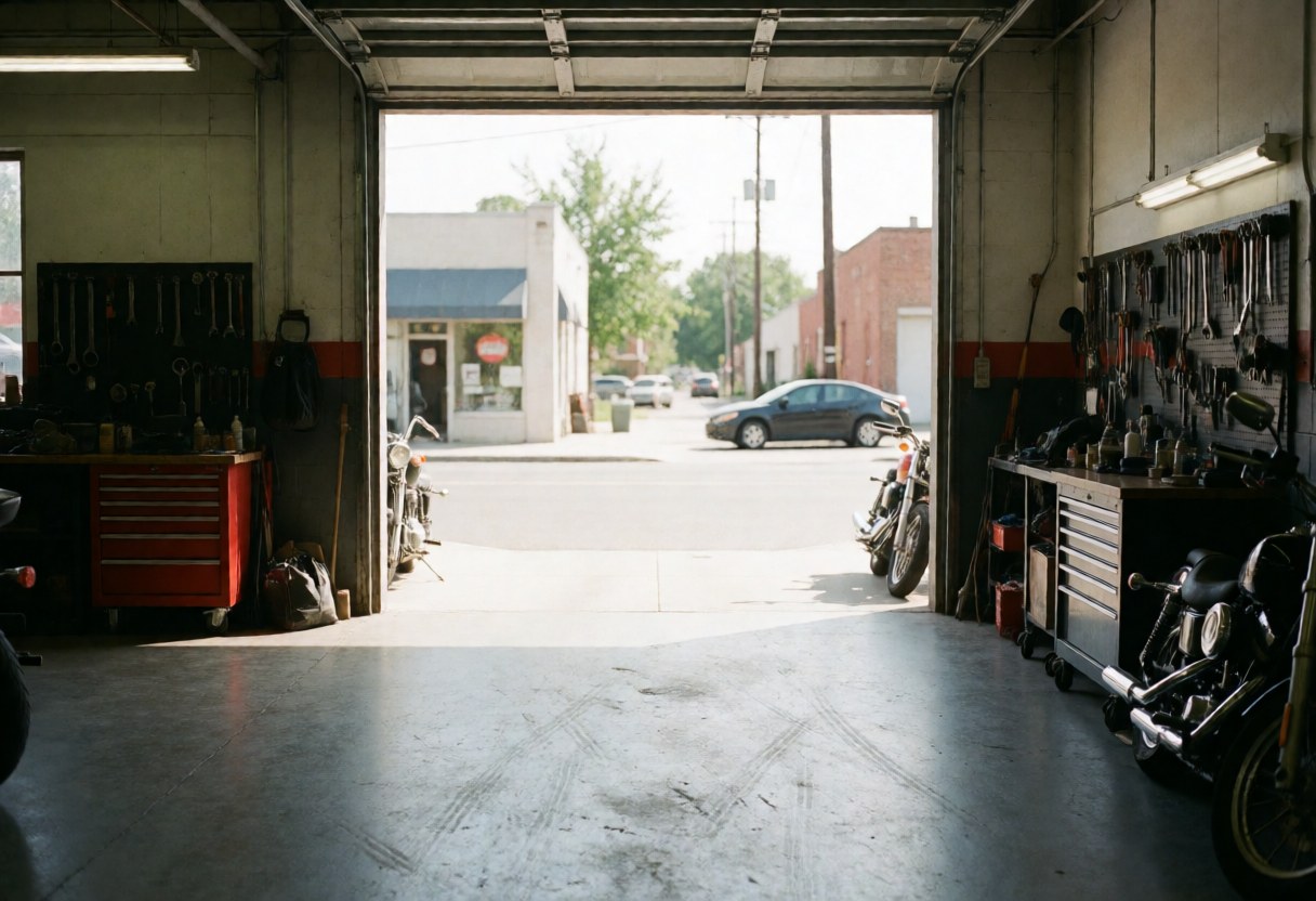 Motorcycle garage interior featuring tools mounted on the wall, concrete floor with tire marks, parked motorcycles, and a street view with cars in the background.