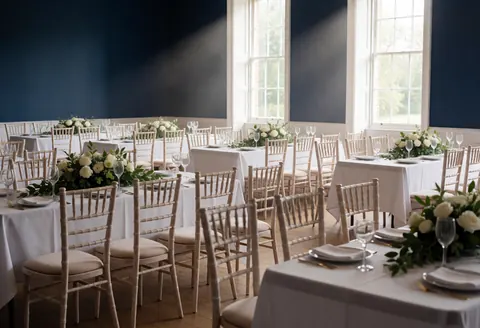 Bright event space prepared for weddings featuring white tablecloths, light wood chairs, floral centerpieces, and dark blue walls with natural light.