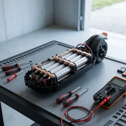 Disassembled electric scooter battery on a workbench surrounded by screwdrivers and a multimeter in a concrete-walled repair shop