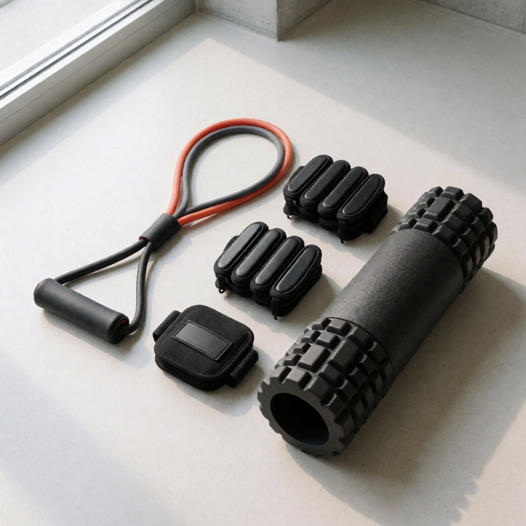 Set of sports therapy tools including a resistance band, foam roller, and dumbbells for home or clinic recovery.