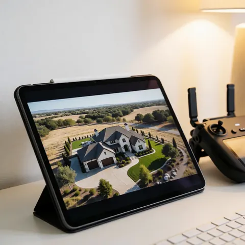 Tablet showing luxury home aerial footage on a desk with a drone controller and warm lighting