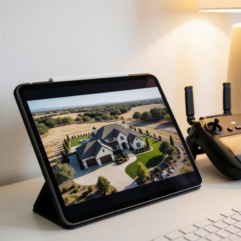 Tablet showing luxury home aerial footage on a desk with a drone controller and warm lighting