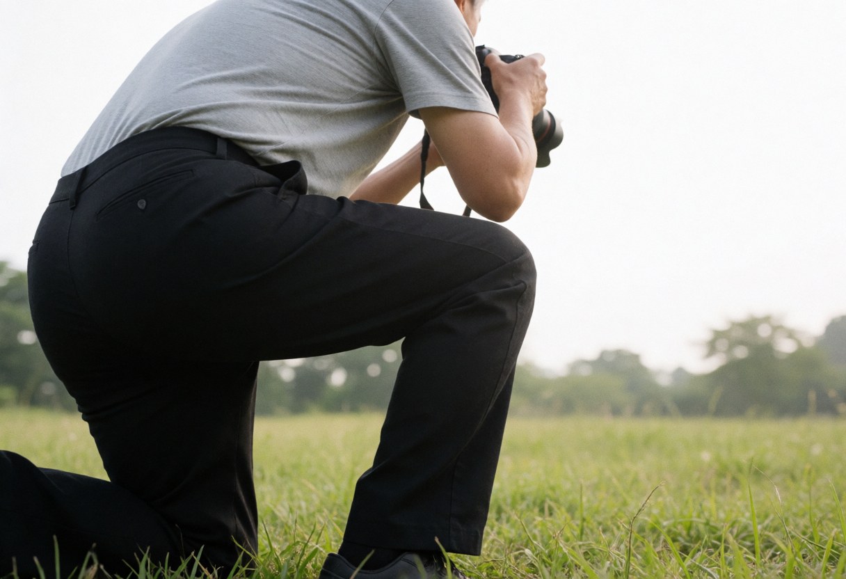 Professional wedding photographer kneeling in a green field, capturing images with a DSLR camera under soft natural light during an outdoor session.