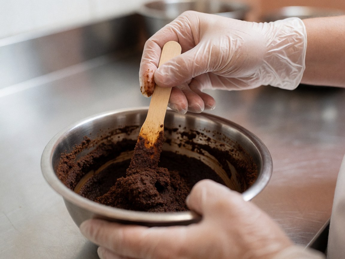 A gloved hand mixes coffee and cocoa paste in a metal bowl on a stainless steel table under clean clinical lighting.
