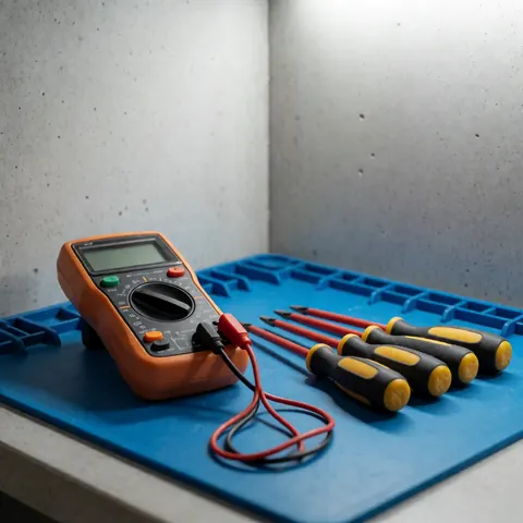Digital multimeter and insulated screwdrivers resting on a blue tool mat against a concrete wall, suitable for electrical repair work.
