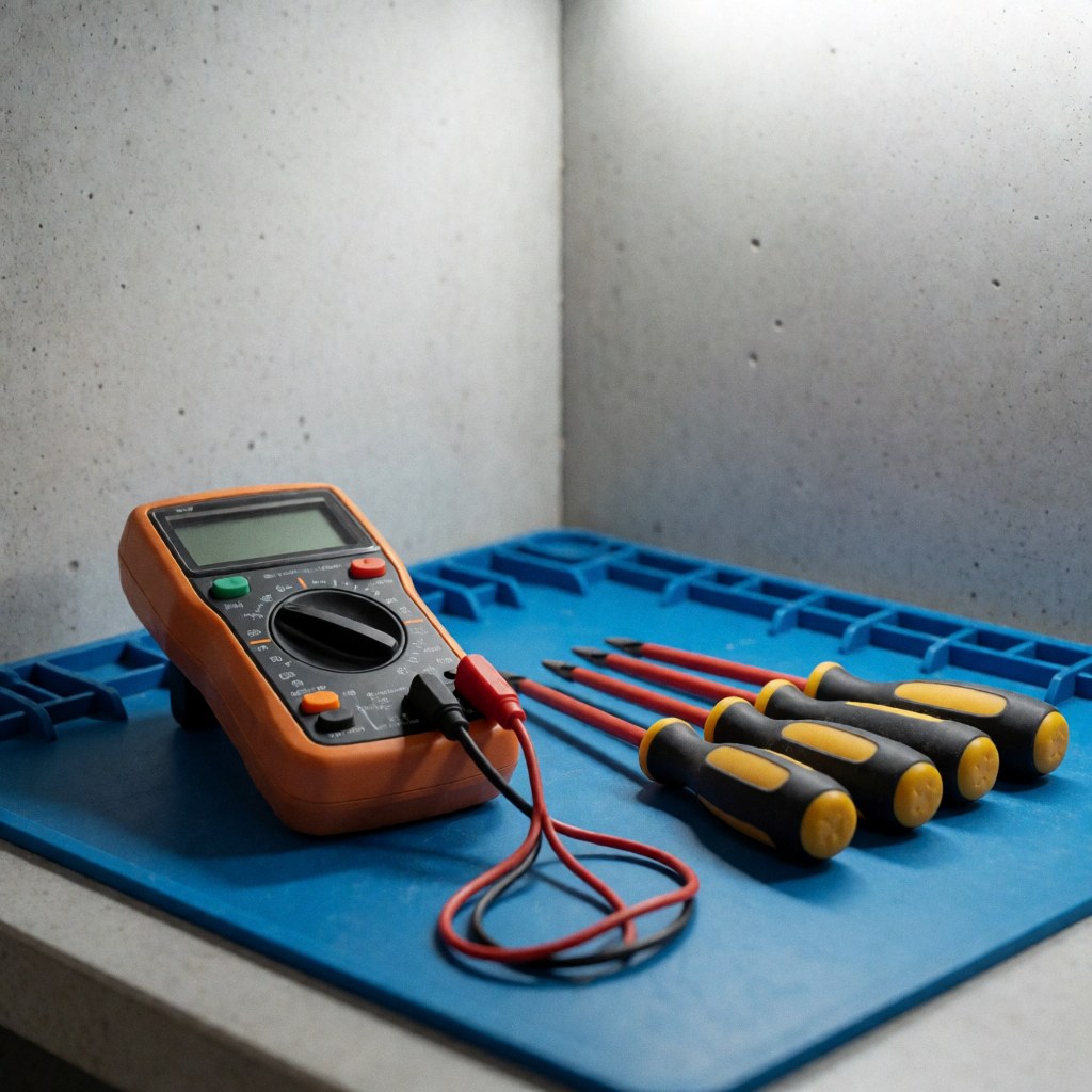 Digital multimeter and insulated screwdrivers resting on a blue tool mat against a concrete wall, suitable for electrical repair work.