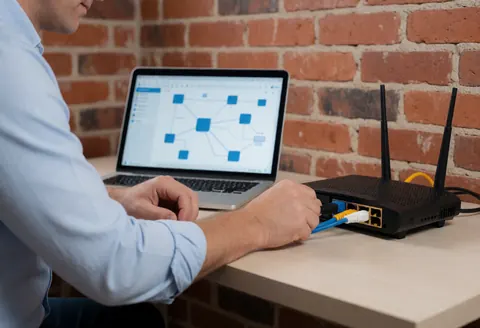 Technician connects network cable to router while laptop displays network diagram on screen against red brick wall and clean desk