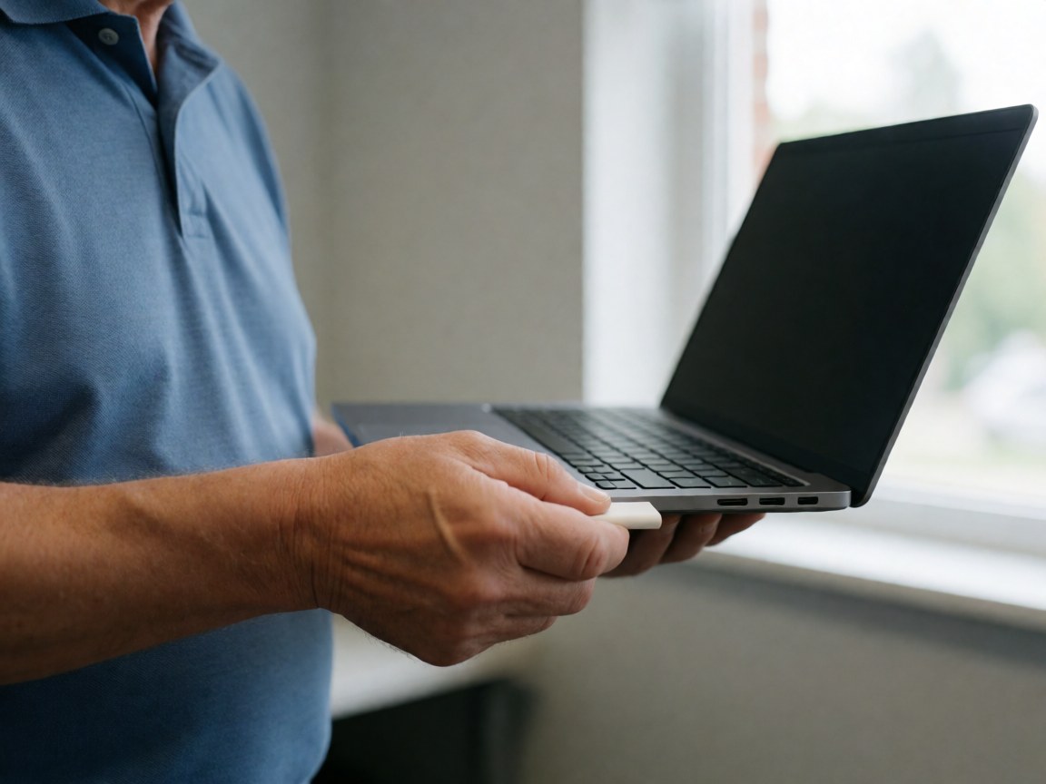 Adult hand plugging a white USB device into the port of a black laptop in a naturally lit office.