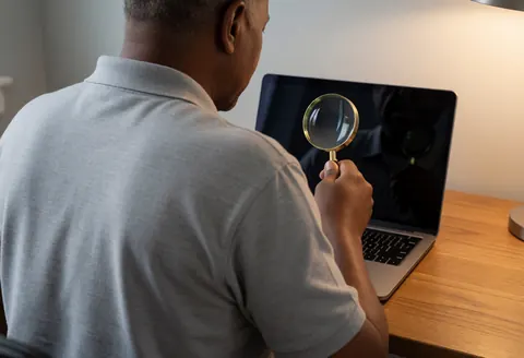 A technician inspects a laptop screen using a magnifying glass on a wooden desk in a professional office setting.