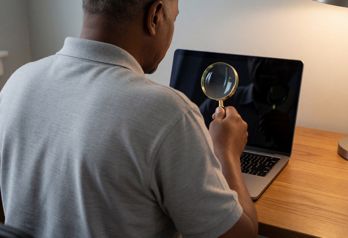 A technician inspects a laptop screen using a magnifying glass on a wooden desk in a professional office setting.