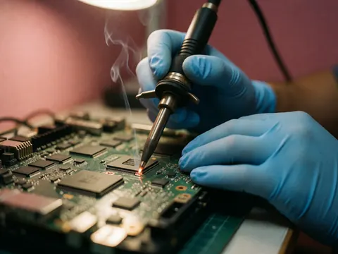 Close-up of a hand wearing a blue glove using a soldering iron on a green circuit board with white smoke rising against a pink background.