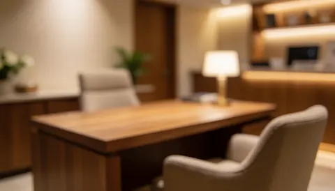 Warmly lit wooden desk and chair in an office setting, providing a calm background suitable for text or logos without people or sharp details.
