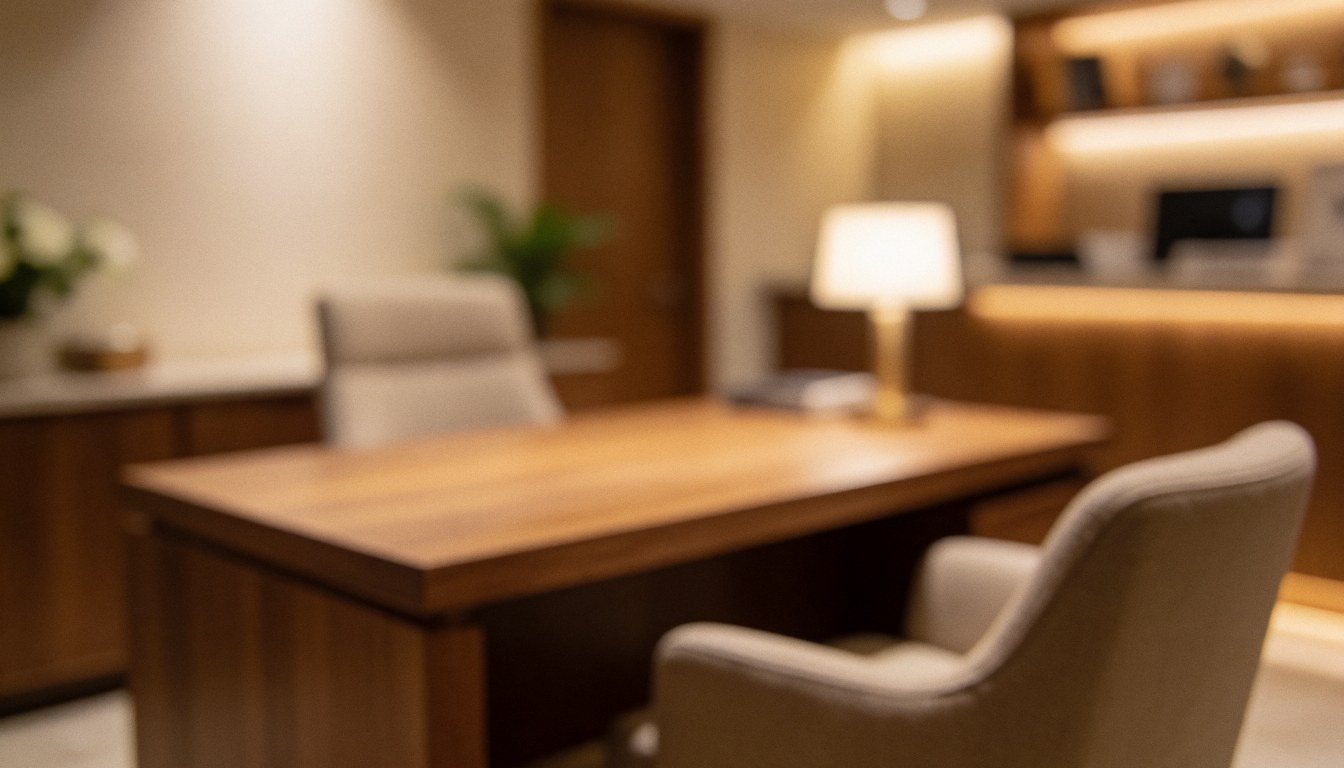 Warmly lit wooden desk and chair in an office setting, providing a calm background suitable for text or logos without people or sharp details.